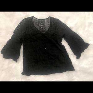 V Neck Lace Crochet Button Down Bell Sleeve